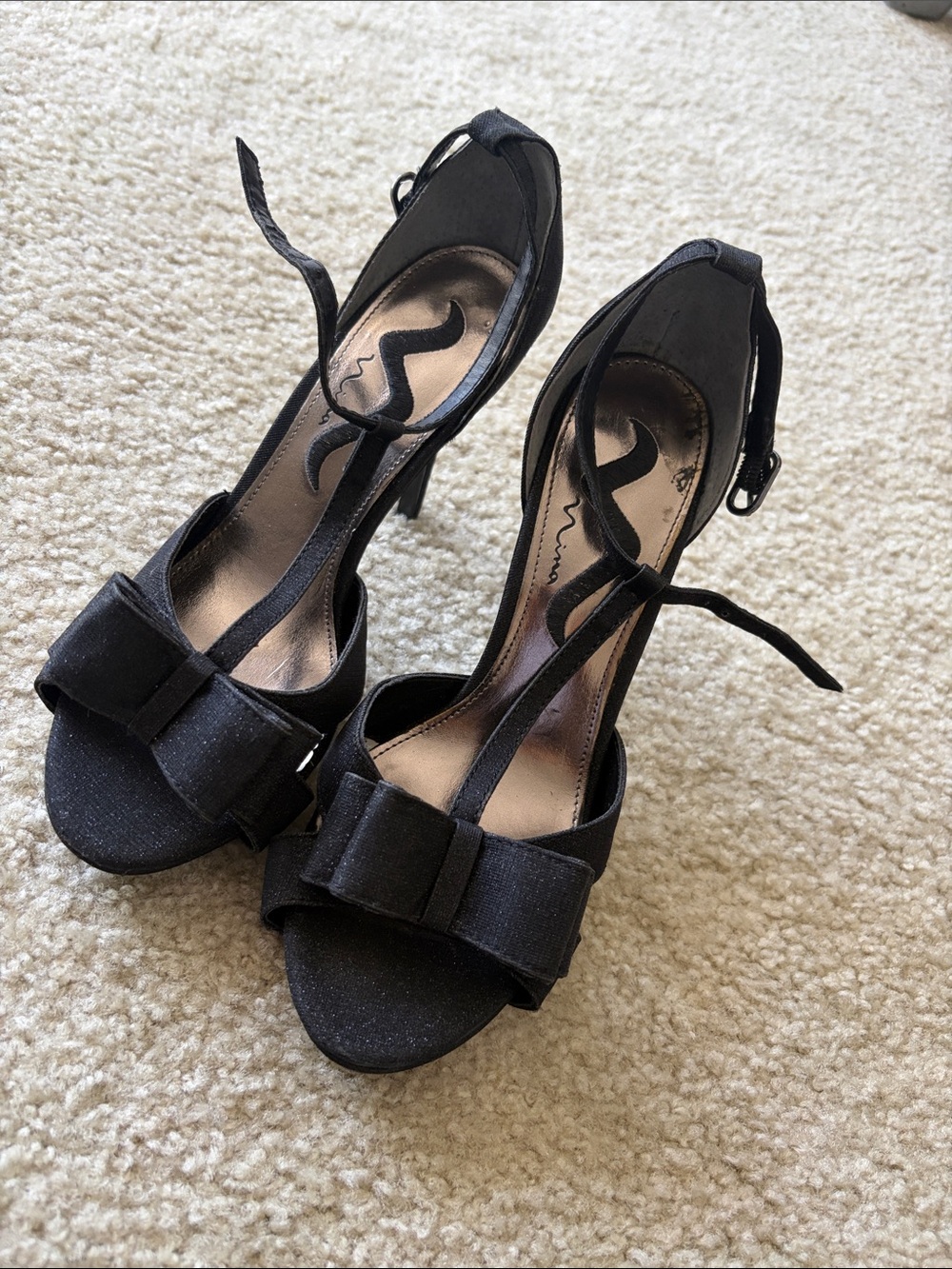 Nina Black Bow T-Strap Ankle Strap Heels